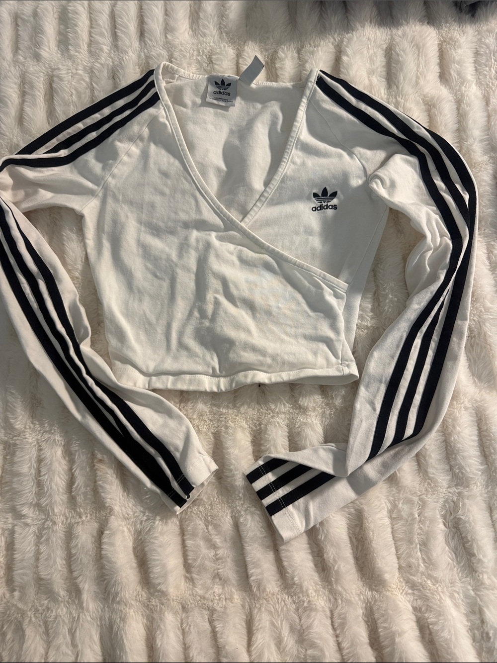 adidas White Cropped Wrap Top with Black Three-Stripes
